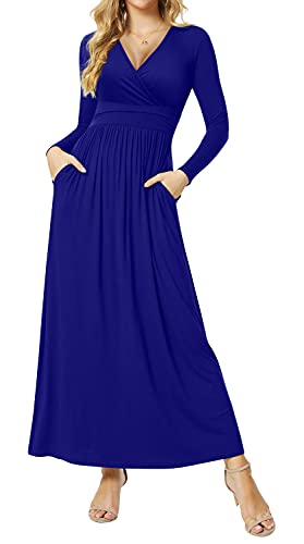 CATHY Women Long Sleeve Deep V-Neck Casual Long Dress Pleated Waist Maxi Dresses with...