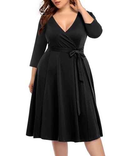 Plus Size Black Dress Wrap Spring Long Sleeve Wedding Guest Semi-Formal Fit&Flare...