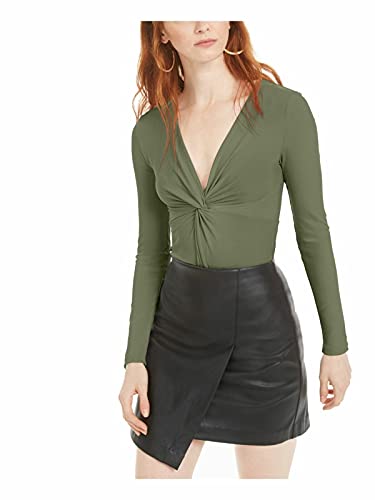 bar III Womens Ribbed Twist Front Bodysuit Green M