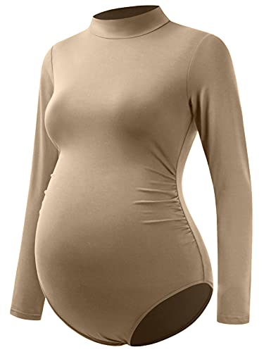 Bhome Maternity Shirt Mock Neck Long Sleeve Bodysuit for Pregnant Photoshoot Nude M