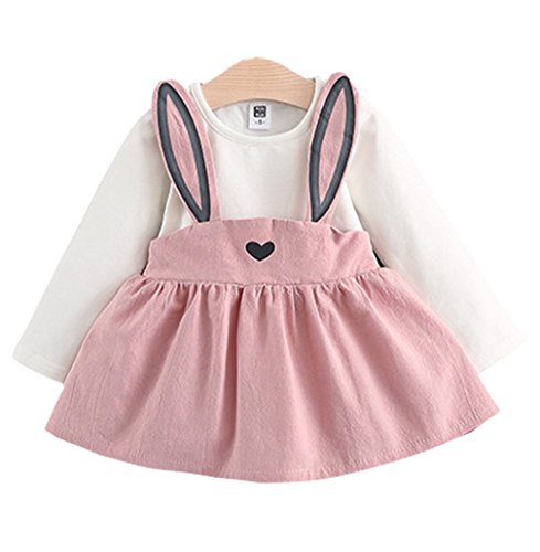 Baby Girls Rabbit Style Long Sleeve Princess Flower Dress (6M, Pink)