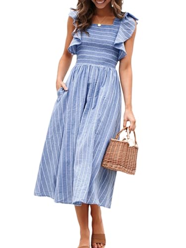 Miessial Women's Striped Linen Long Dress Elegant Ruffle Cap Sleeves Midi Dress Bleu...