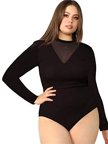 Floerns Women's Plus Size Sheer Mesh Long Sleeve Stretchy Bodysuit Jumpsuit Black...