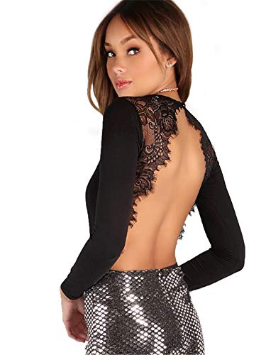 DIDK Women's Sexy Backless Lace Appliques Long Sleeve Bodysuit Black Small