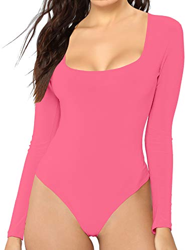 MANGDIUP Women's Scoop Neck Long Sleeve Basic Bodysuits Jumpsuits (7018 Neon Pink,XL)