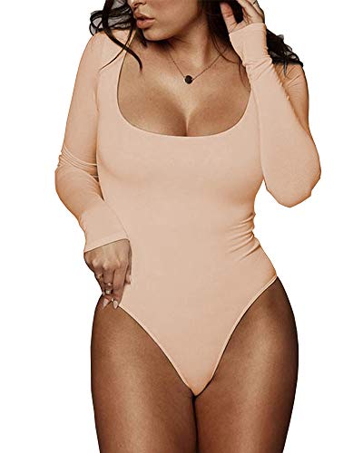 BelleLovin Women's Square Neck Long Sleeve T-shirt Basic Bodysuit Jumpsuits (Nude,...