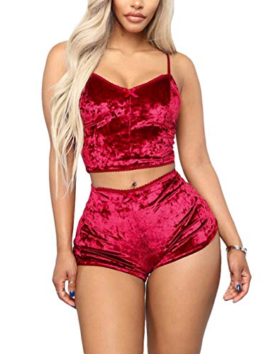 Women's Velvet 2 Piece Outfit Spaghetti Strap Sleeveless Crop Top+ Shorts Set Red XL