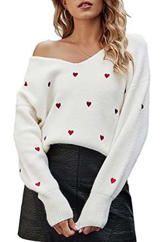 ECOWISH Women Valentine Heart Sweater V Neck Embroidery Knit Loose Casual Long Sleeve...