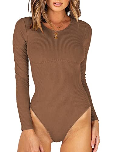 MISSJOY Brown Womens Long Sleeve Bodysuit Crew Neck Long Sleeve Tops Stretch Ribbed...