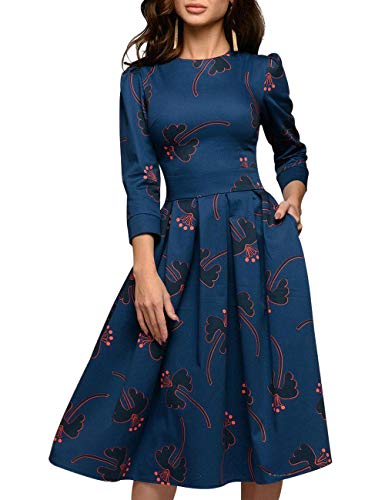 Simple Flavor Women's Floral Evening Flare Vintage Midi Dress 3/4 Sleeve (0658BL,...