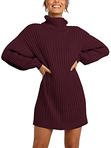 YIBOCK Women's Turtleneck Plaid Side Split Loose Checked Long Pullover Sweater Dress...