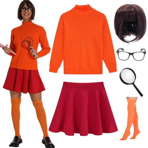 UIMLK Couples Halloween Costumes for Women 2024 Velma Cosplay Outfit Orange...