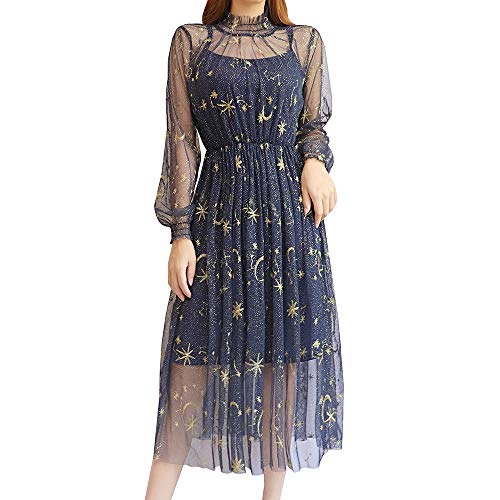 Women Summer Chiffon Dress Stars Moon Print Embroidered Skirt Long Puff Sleeve...