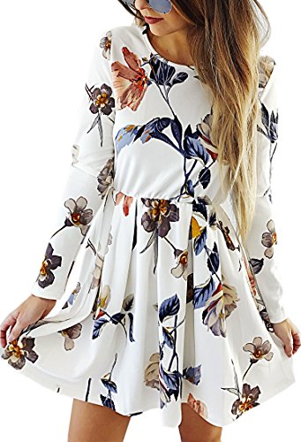 Angashion Womens Dresses Casual Floral Print Long Sleeve Swing Pleated Skater A Line...