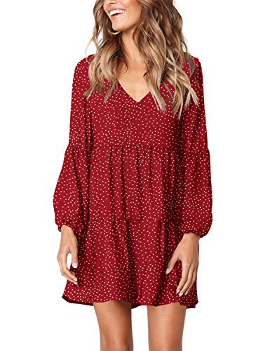 Amoretu Women's Long Sleeve Casual V Neck Polka Dot Swing Tunic Dress Red S