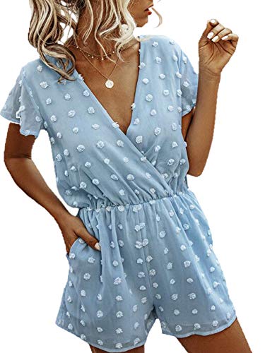 Angashion Women’s Rompers-Summer Deep V Neck Wrap Floral Polka Dot Short Sleeve...