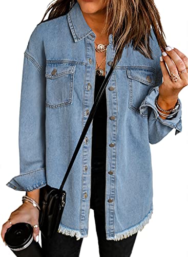 Dokotoo Womens Washed Boyfriend Oversized Lapel Button Up Long Sleeve Denim Trucker...