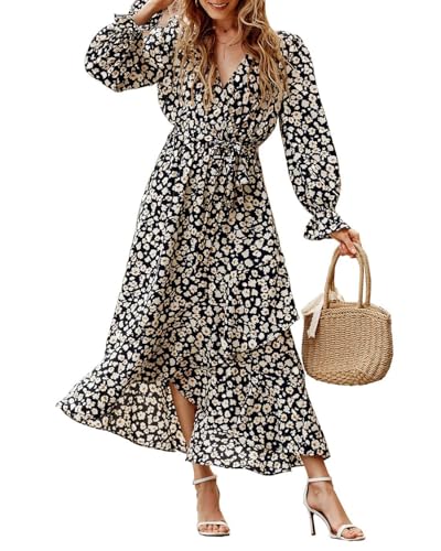 BTFBM Women Long Sleeve Wrap Maxi Dress V Neck Boho Floral High Waist Flowy Ruffle...