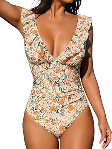 CUPSHE One Piece Swimsuit for Women Deep V Neck Ruffle Tummy Control Back Tie Floral...