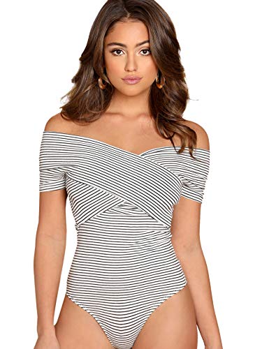 SOLY HUX Women's Criss Cross Striped Wrap Off The Shoulder Skinny Elegant Bodysuit...