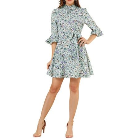 Allegra K Junior's Floral Bell Sleeve Smocked Neck Belted Flare Dress