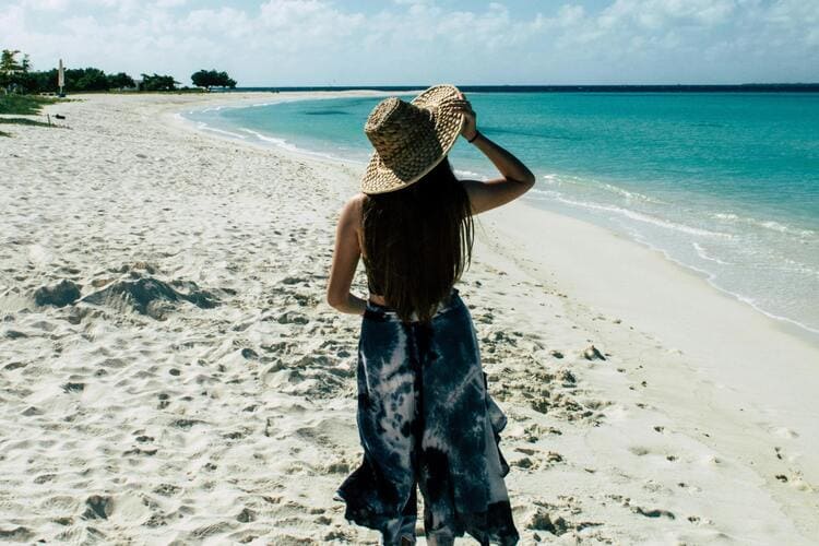 Woman wearing Straw Hat On Seashore