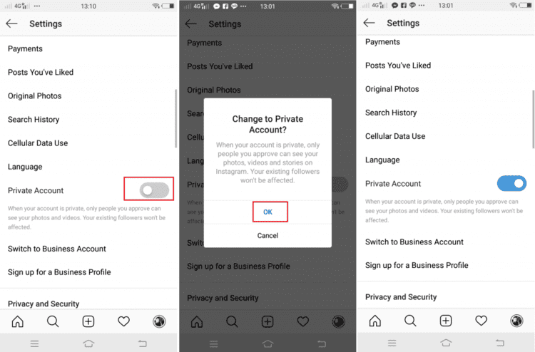 instagram screenshot showcasing private account setting