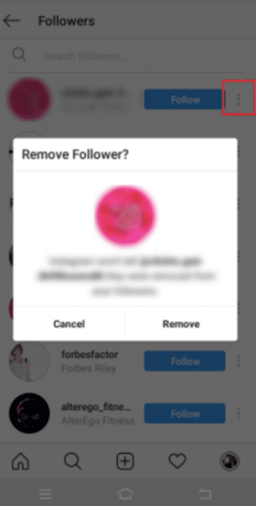 instagram screenshot showcasing how to remove followers